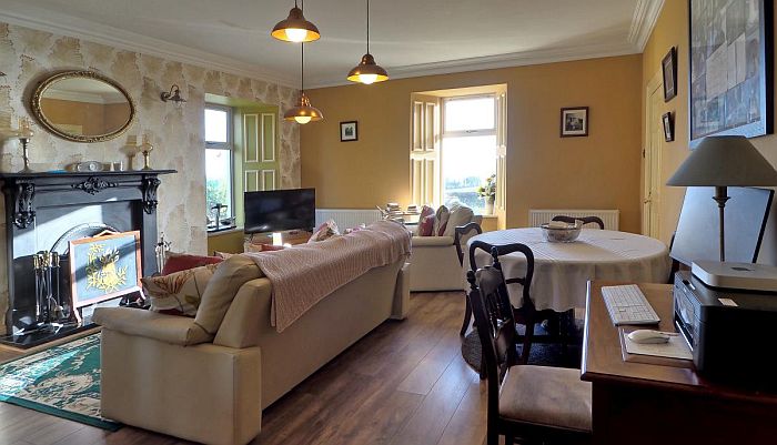 Das gemütliche Wohnzimmer mit Fernseher und Kamin