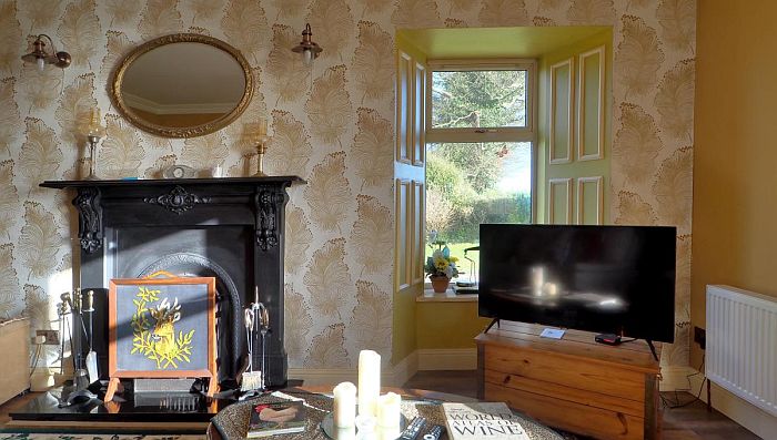 Das gemütliche Wohnzimmer mit Fernseher und Kamin